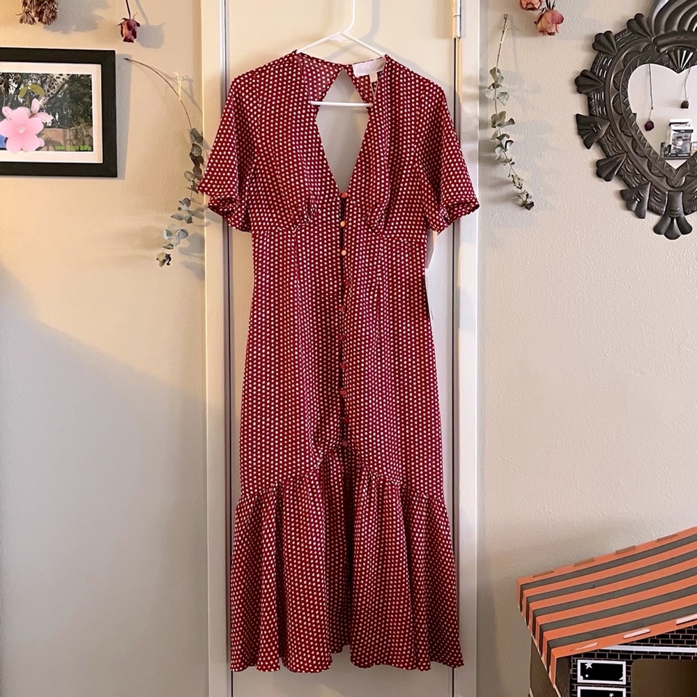 Red button down polka dot mermaid hem dress